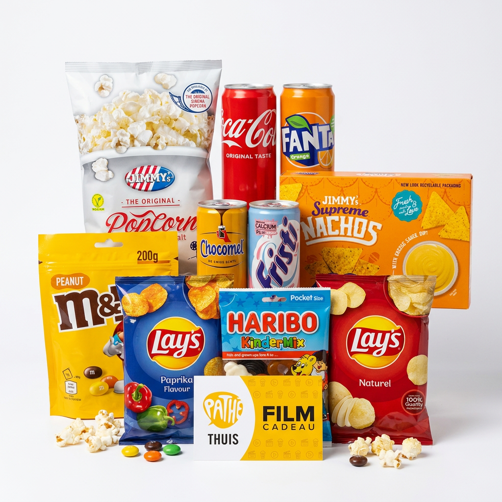 foto van filmpakket met diverse snacks en drankjes