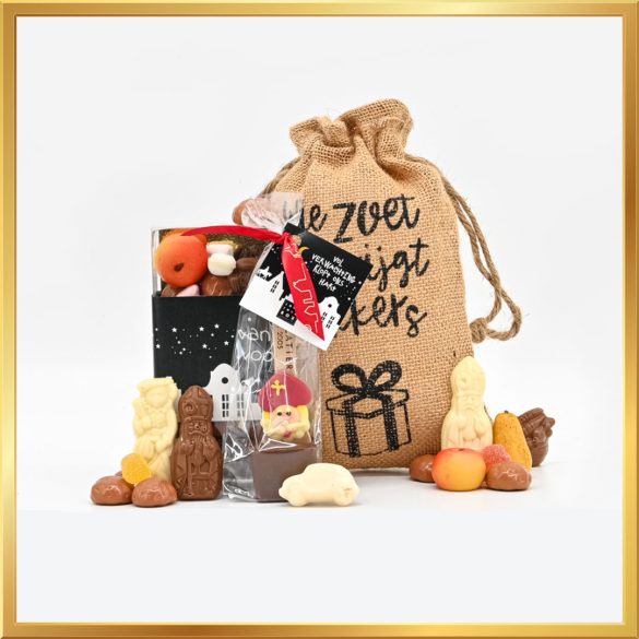 5 december Sint box met luxe Sint mix van de chocolatier, melkchocolade chocospoon, jute cadeauzak en gratis Sint wenskaart, perfect voor Sinterklaasavond.