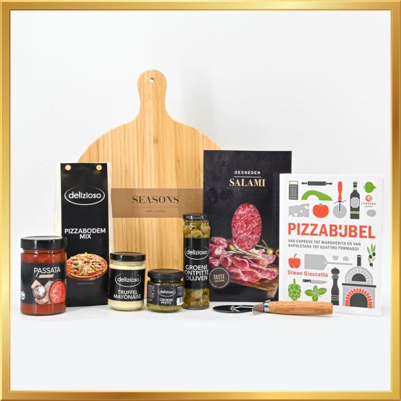 Het Mama Mia! Kerstpakket bevat alles wat je nodig hebt voor een authentieke pizzabeleving thuis.