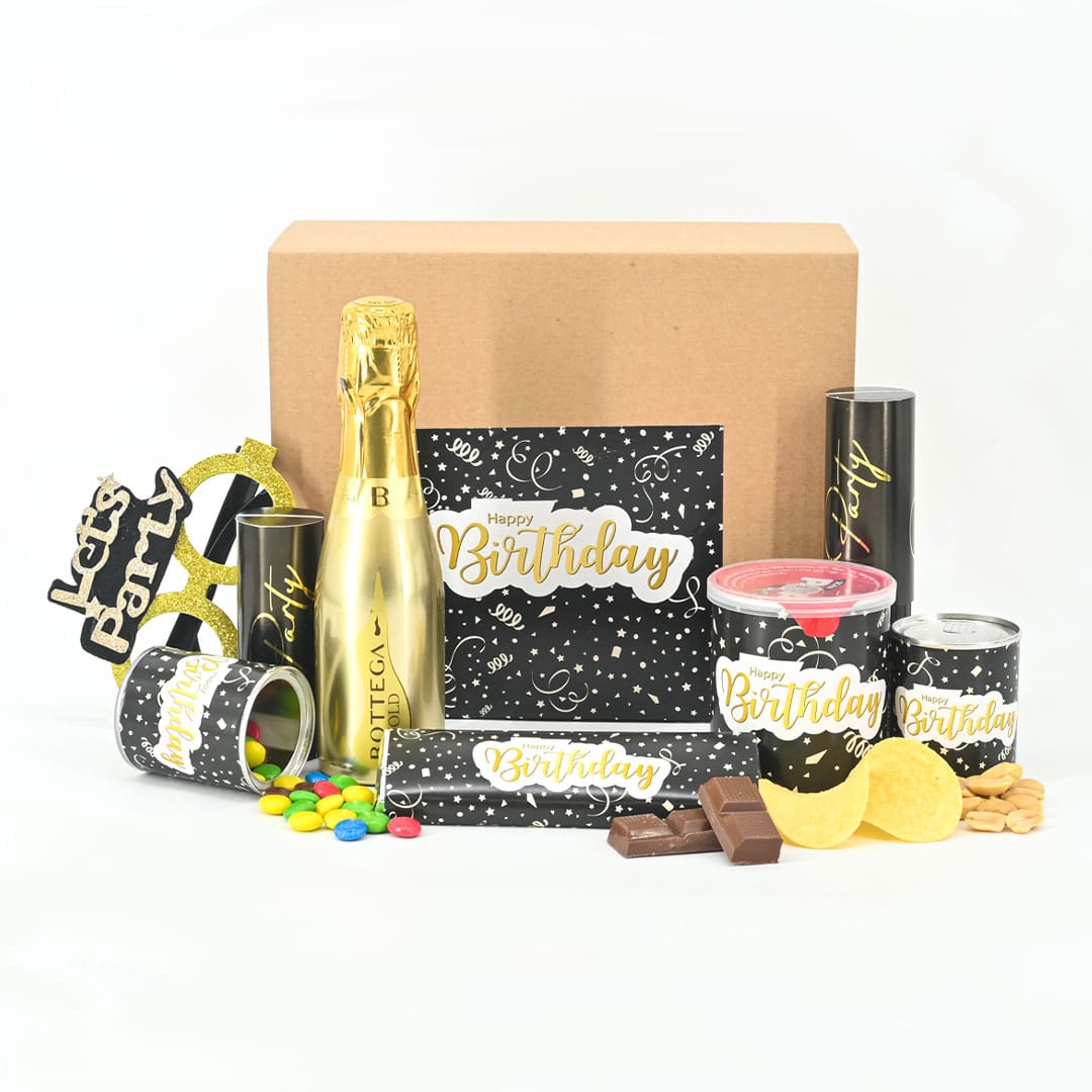 De Gefeliciteerd Box: Prosecco, feestbril, party poppers, chocoladereep, snacks en meer in een luxe cadeauverpakking met Happy Birthday-thema.