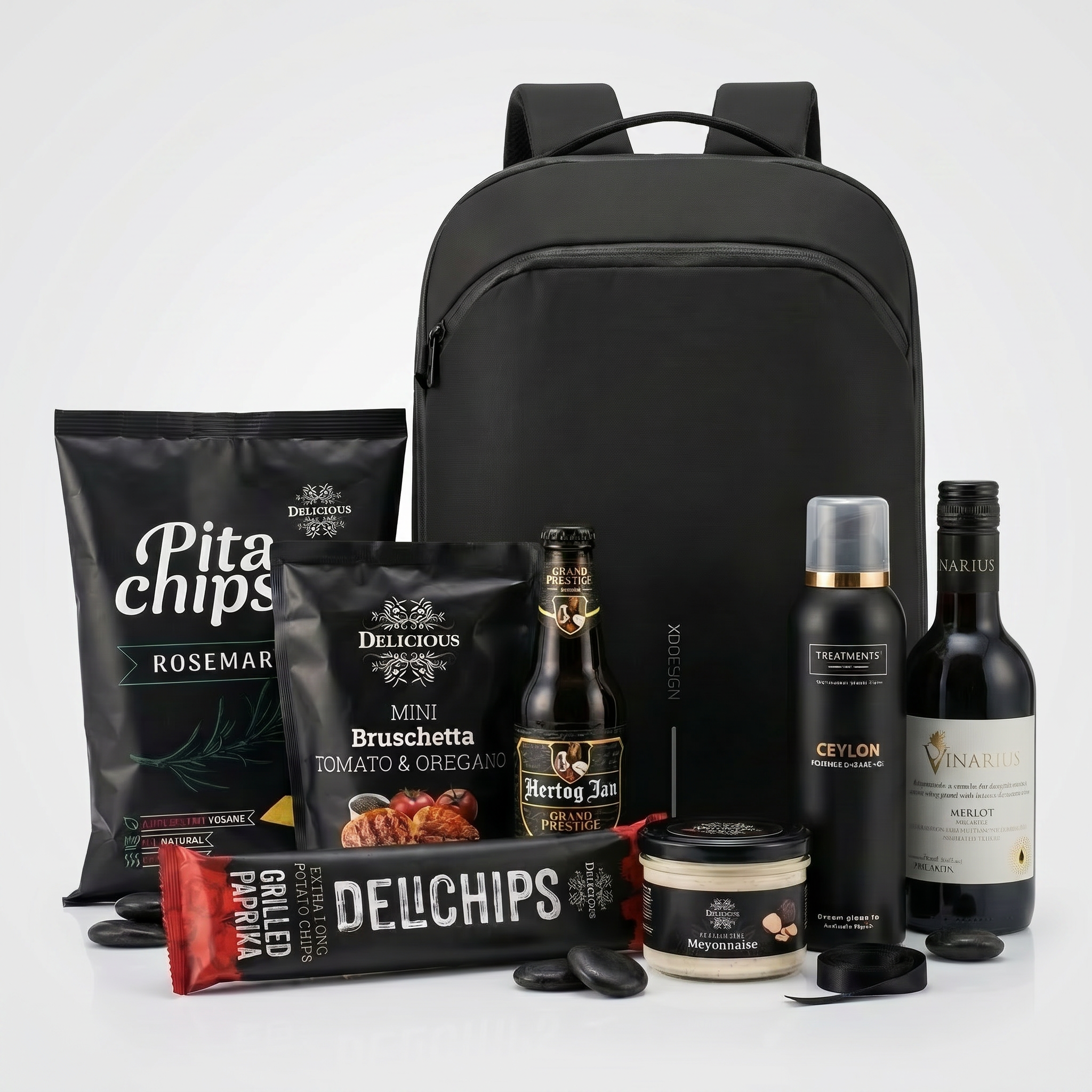 relatiegeschenk pakket met zwarte rugzak en luxe items