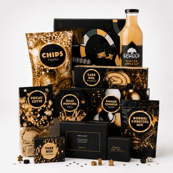 kerstpakket met gouden items en spelletjes