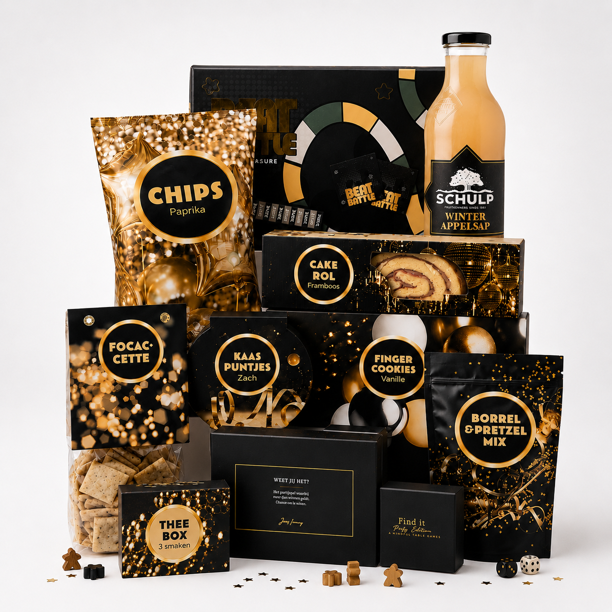 kerstpakket met gouden items en spelletjes