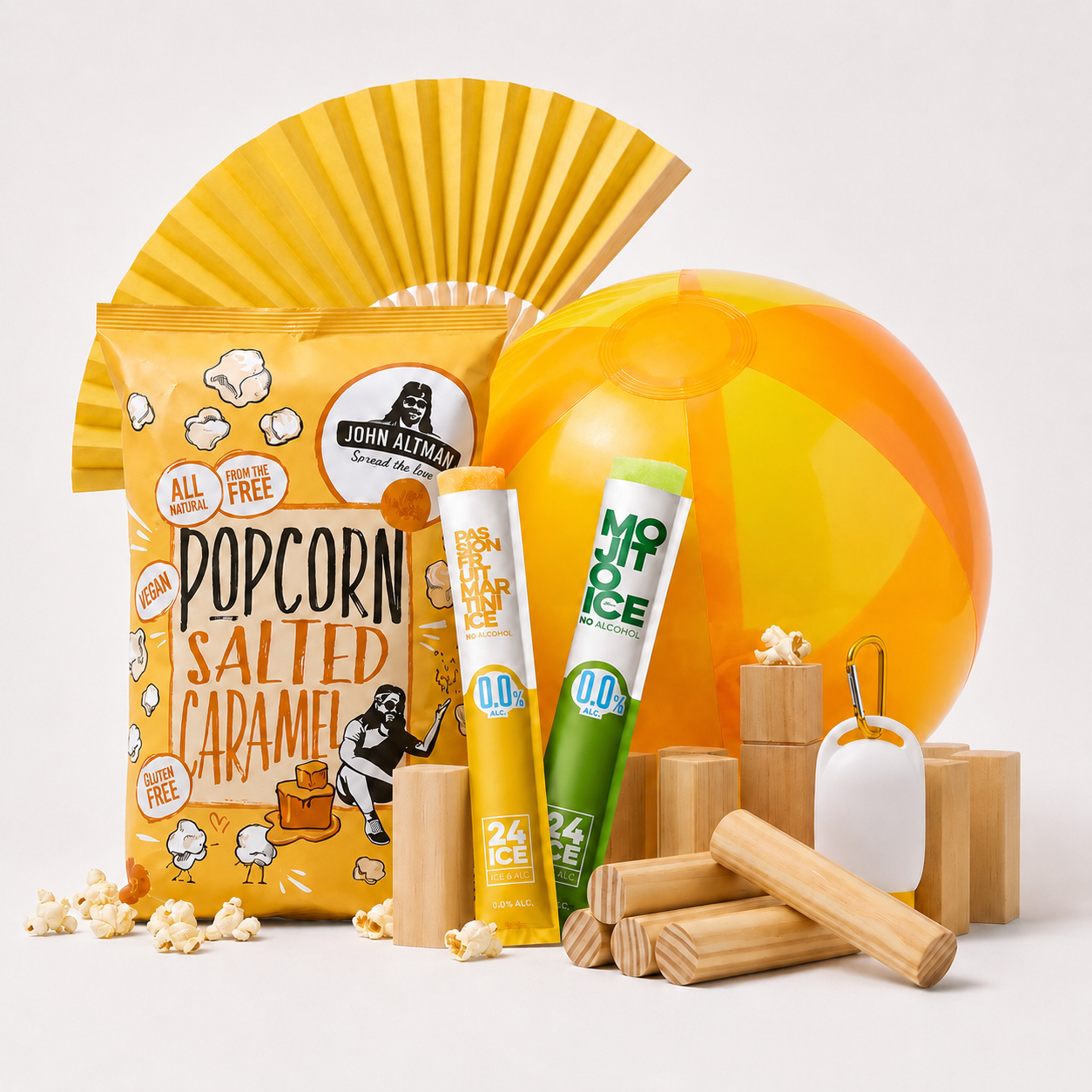 zomerpakket met popcorn, waaier, strandbal en mocktailijsjes