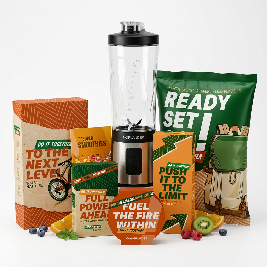 kerstpakket met gezonde items en portable blender