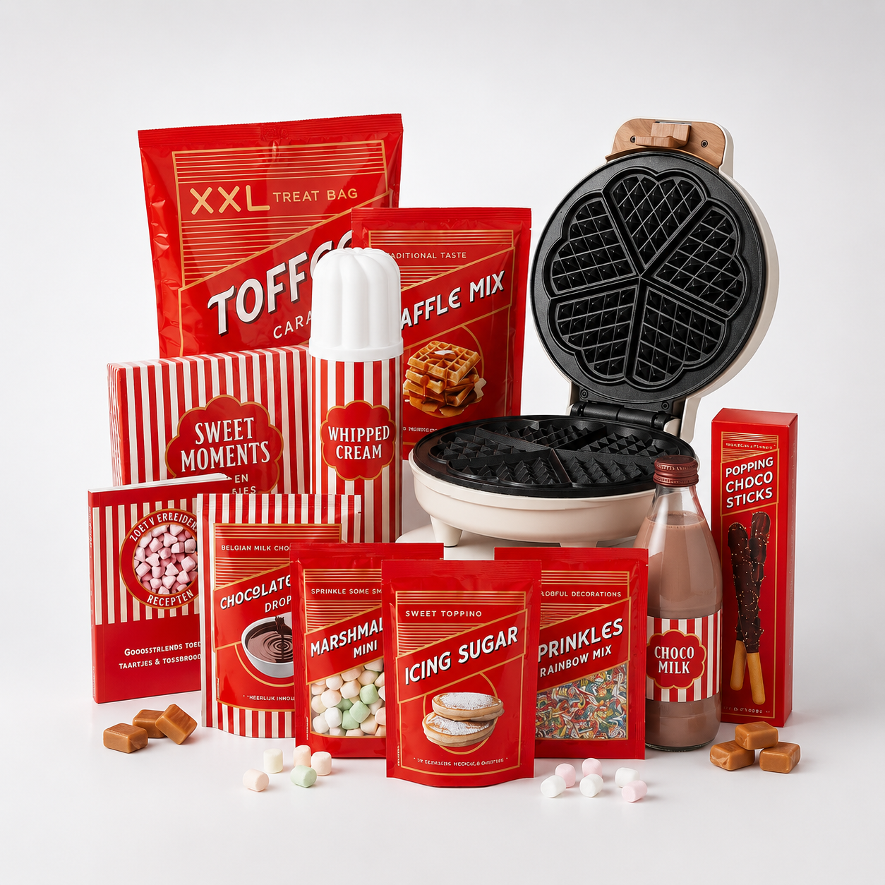kerstpakket met zoete items en wafelijzer