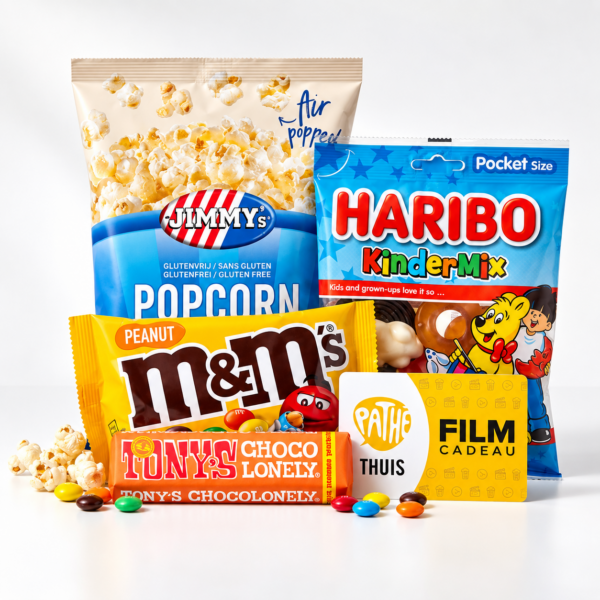 filmbox met pathe cadeaukaart, snoepjes, popcorn en chocolade